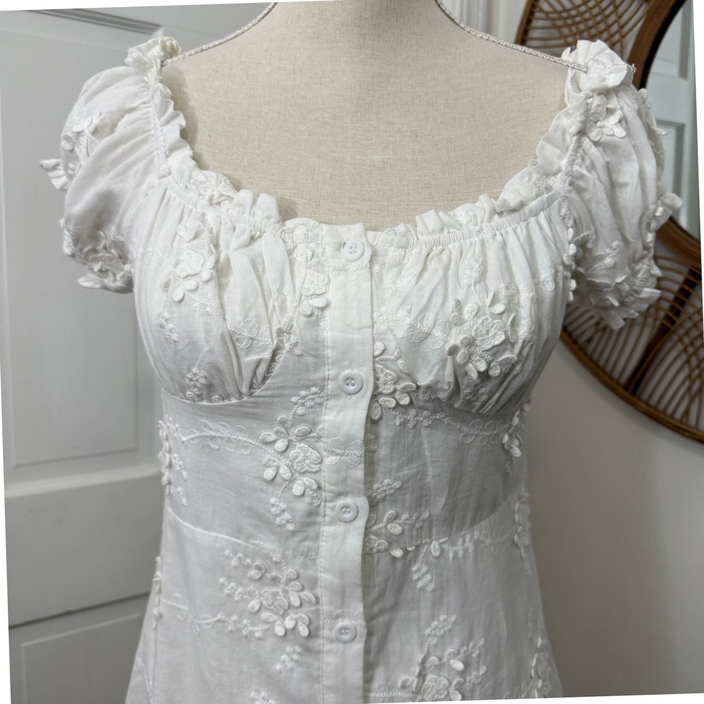 Kourt Embroidered White Mini Dress M Milkmaid LWD Boho Cottagecore Bridal Rush